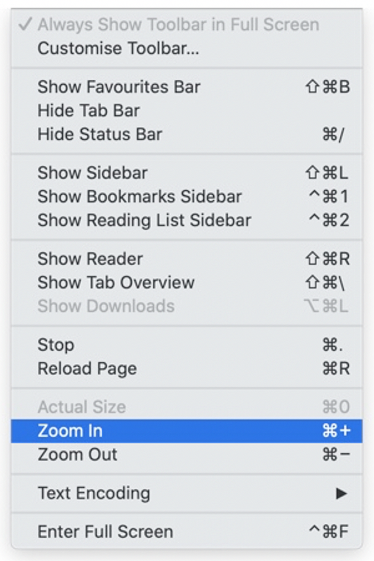 Expanded View menu showing the Zoom In and Zoom Out options.