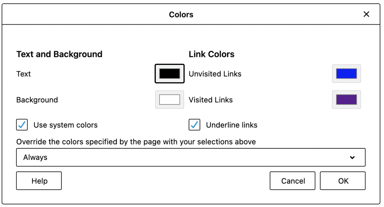 Screenshot of the Colors panel that contains options to change the text, background, unvisited links, and visited links colors, as well as the ability to override the colors specified by the page with the user's selections. 