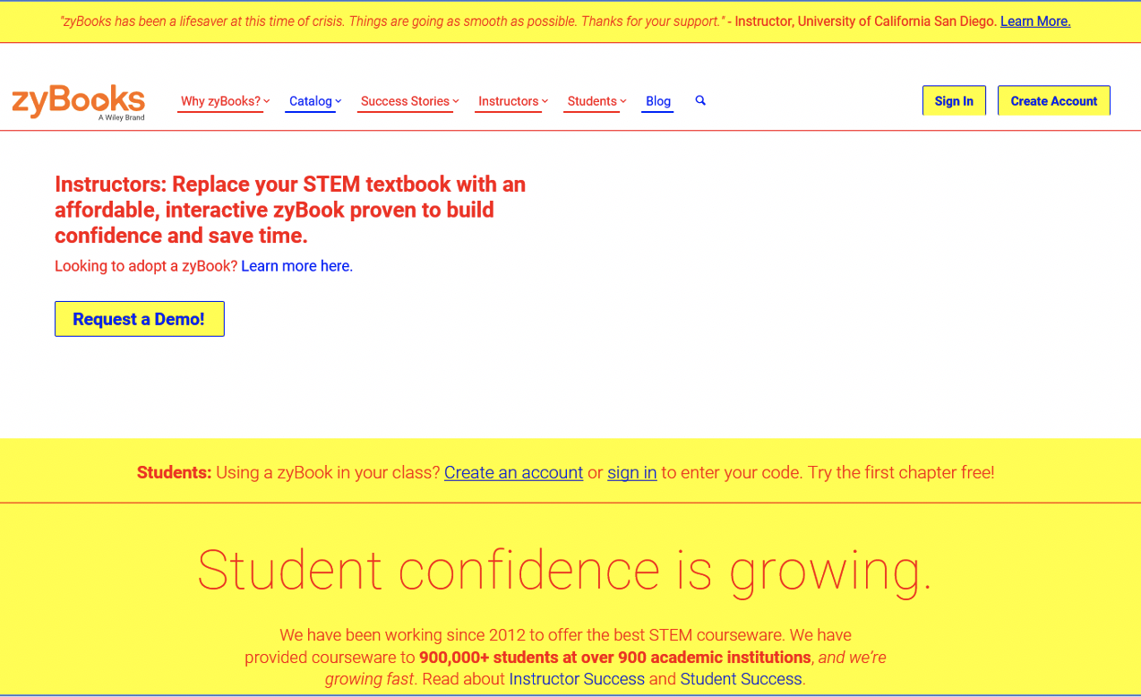 Screenshot of the zyBooks home page. The light blue and orange branding is now replaced with (mostly) red and blue text on a yellow background.