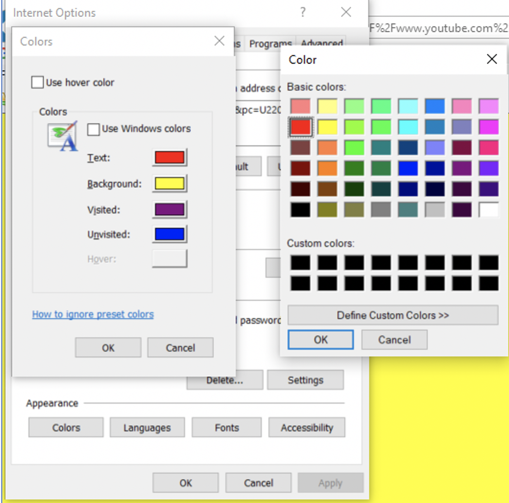 Screenshot of the color selection tool within Internet Options.