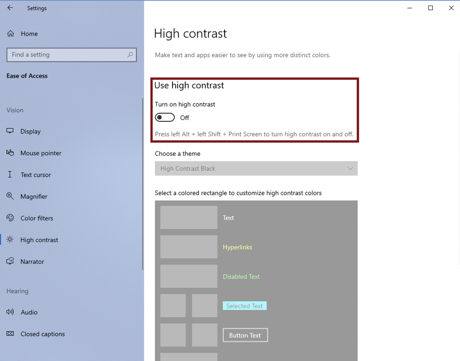 Screenshot of the High Contrast panel within the Settings menu on Windows.